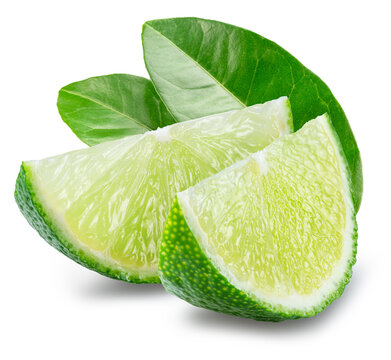 Two fresh juicy green lime slices with green lime leaves, isolated on a white background. Clipping Path.