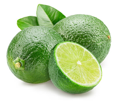 Fresh green lime fruit with half of lime and lime leaves isolated on a white background. Clipping Path.
