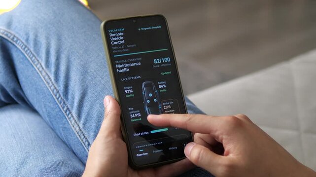 Person reviews a remote vehicle health dashboard on a smartphone, checking battery, engine, tire pressure and brake condition as connected car diagnostics shape modern maintenance.