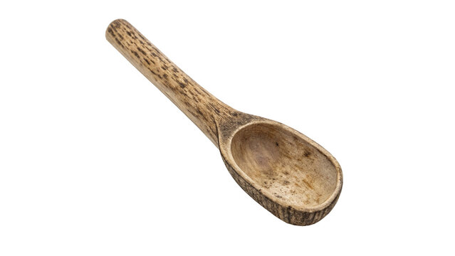 Rustic antique handmade wooden spoon scoop isolated on transparent background.