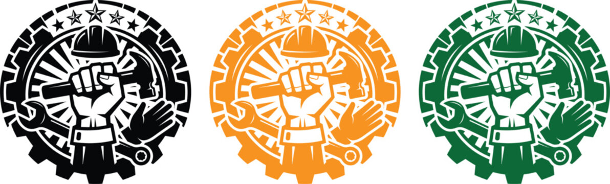 Set of three circular emblems featuring a raised fist inside a gear representing labor and industrial power