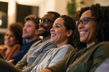 Fototapeta premium A group of friends smiles while watching a movie at home, showcasing the joy and connection shared during relaxed evenings filled with laughter and entertainment.