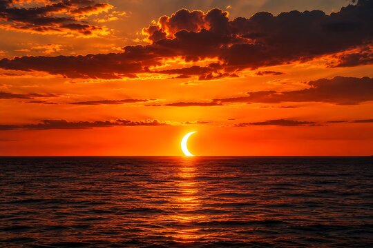 A stunning crescent moon setting over the calm ocean horizon during a vibrant orange sunset with dramatic clouds reflecting on the water surface