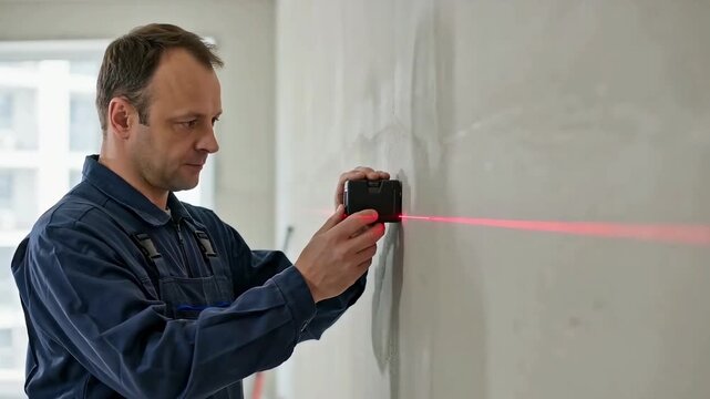 Professional worker using a laser level to measure and mark a wall during interior home renovation