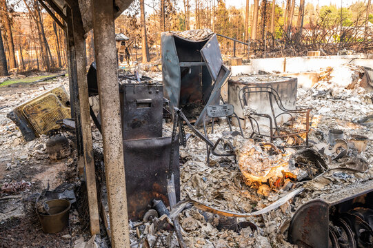 View of the aftermath of the 2026 Spokane wildfires, showing charred trees, debris, and the remains of a destroyed property in Spokane, Washington, United States.