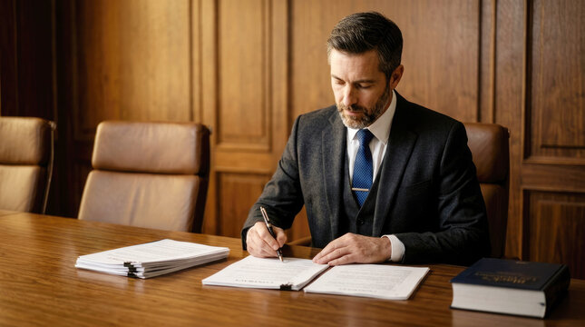 Mature male lawyer signing legal document at conference table in office