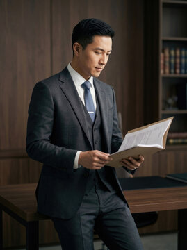 Asian male lawyer reading legal document while leaning on office desk