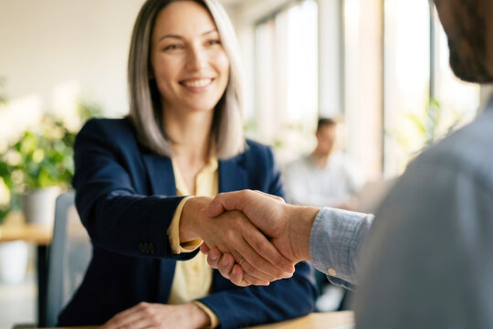 Happy businesswoman shaking hands with client after successful business deal in office