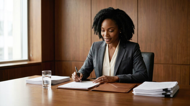 Black female lawyer signing contract documents at boardroom table in office