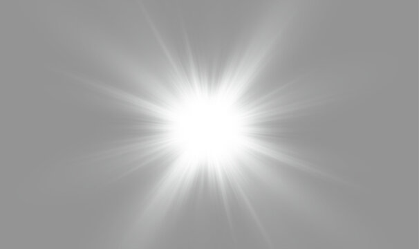 Central white sunburst on grey background, monochrome starburst light effect, bright glowing lens flare backdrop