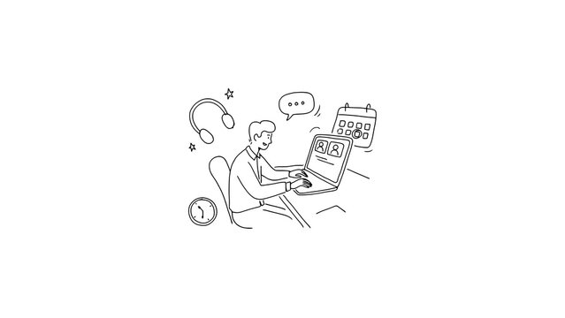 Minimalist line art illustration of man working on laptop, remote work concept with calendar and headset icons, office professional at desk
