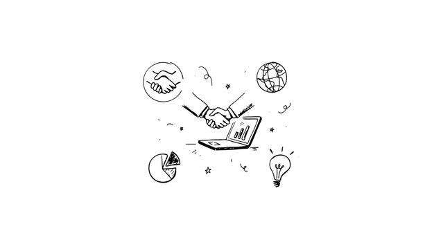 Hand-drawn business doodle icons, corporate handshake and laptop sketch, global partnership and financial growth concept on white background