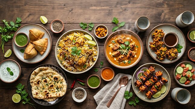 Delicious Indian Feast A Vibrant Spread of Traditional Dishes on a Rustic Wooden Table.