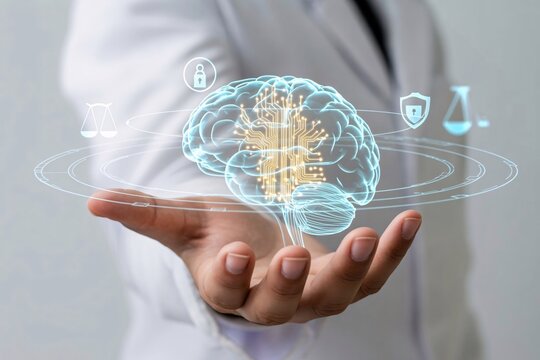 Futuristic AI Brain Network and Cybersecurity Concept in Hands