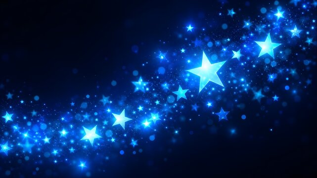 Sweeping diagonal wave of glowing blue stars and bokeh particles