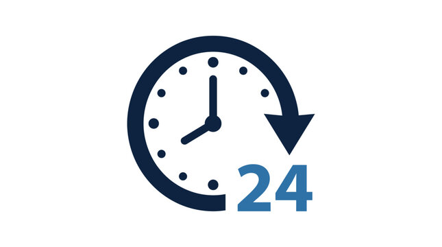 Minimalist vector graphic illustration featuring a dark blue clock icon with an arrow indicating twenty four hour service availability daily