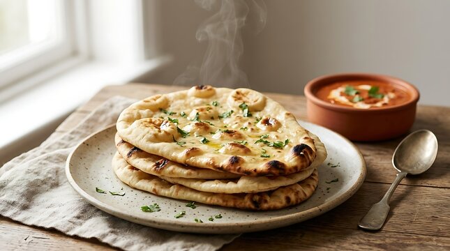 Delicious Stack of Freshly Baked Garlic Naan Bread with a Side of Indian Curry.