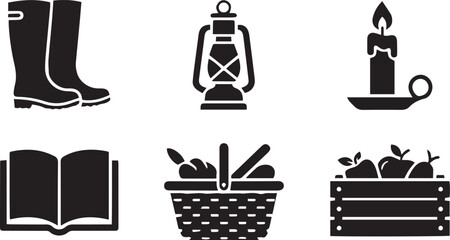Naklejka premium Autumn harvest and cozy cottage vector icon set, rubber boots, oil lamp, burning candle, open book, harvest basket and apple crate illustration