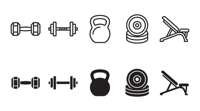 Gym fitness equipment icon set showing dumbbells kettlebells weight plates workout benches with equipment