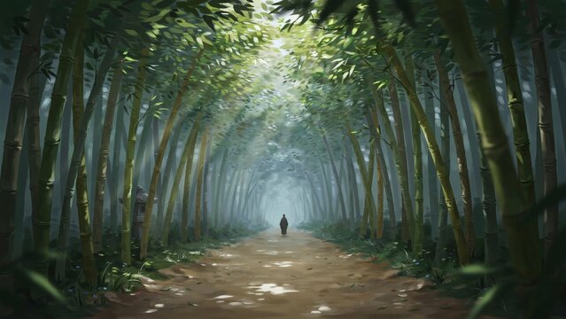 A solitary person walks along a dirt path through a dense green bamboo forest with dirt trail surrounded figure dark clothing walks down sunlit