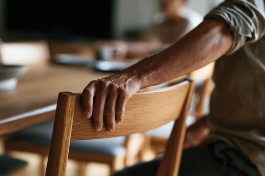 The image shows a hand resting on an oak chair's back, symbolizing respite and participation at a gathering, highlighting rustic vibes and warm connection over food.