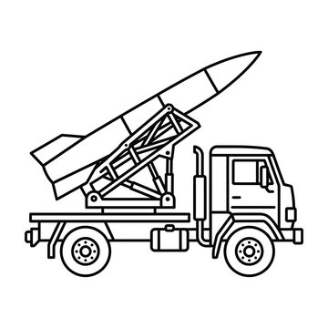 Military missile launcher truck line art concept for coloring book