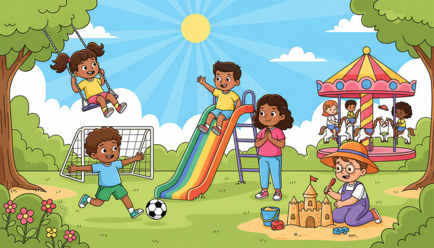 Diverse children playing in a sunny park playground