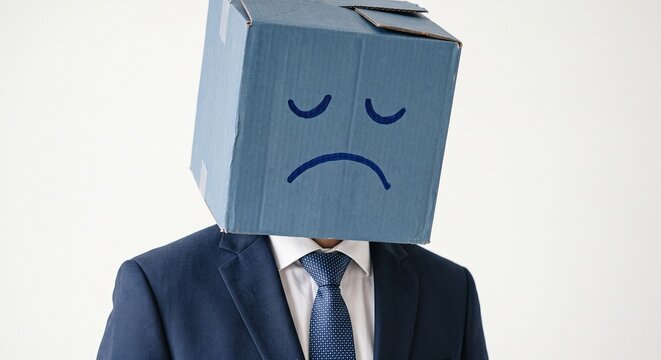 Person in blue business suit wearing blue cardboard box with sad face, unhappiness, anonymity, work stress concept.