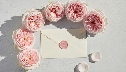 Fototapeta premium Closed wedding invitation envelope with pink roses