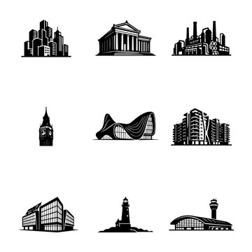 Architecture and famous city landmarks silhouette vector icon set
