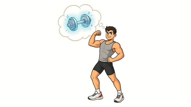 Muscular Man Dreaming of Dumbbell Vector Character. Fitness Exercise Illustration. Athlete Showing Biceps Thought Bubble. Sports Training Design. Isolated Bodybuilding Concept For Strength