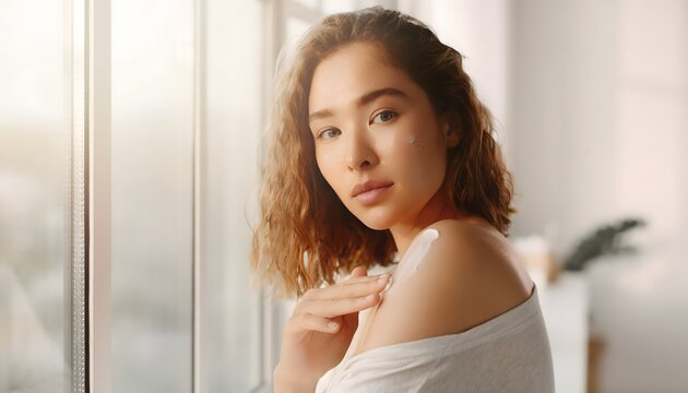 Retrato de mujer joven junto a una ventana con luz natural suave y expresi&oacute;n serena en un interior luminoso
