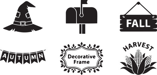 Fototapeta premium Autumn harvest and farm festival vector icon set, gift box, harvest basket, wooden crate label, pumpkin cart, harvest badge and autumn label illustration