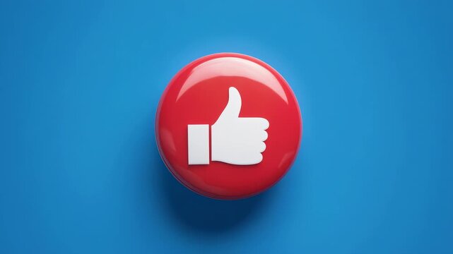 Red thumbs up button animating in sequence on a blue background with cinematic lighting for social media engagement