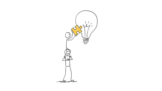 Idea light bulb concept, man stacking person head holding puzzle piece into lamp, innovation strategy, business solution symbol, creative thinking