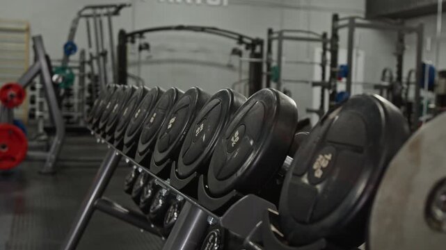 Dumbbells resting on rack in modern gym facility, extreme close up shot showing weight plates. Perfect for fitness center advertisements and gym membership marketing campaigns