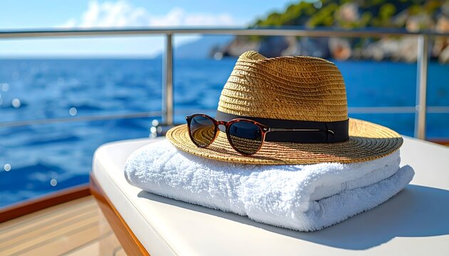 Sombrero de paja y gafas de sol sobre una toalla blanca en la cubierta de un barco con el mar azul al fondo