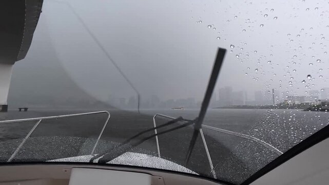 お台場を襲う突然の雷雨！豪雨と視界不良の中を安全航行する小型船