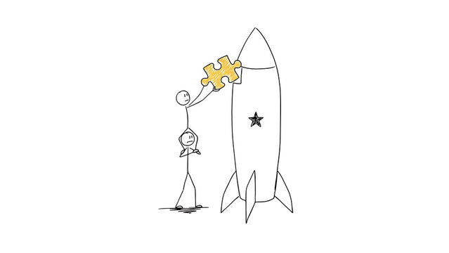 Business Rocket Launch Concept with Puzzle Piece, Startup Success and Problem Solving Innovation Illustration, White Background Minimalist Vector Art for Corporate Presentation