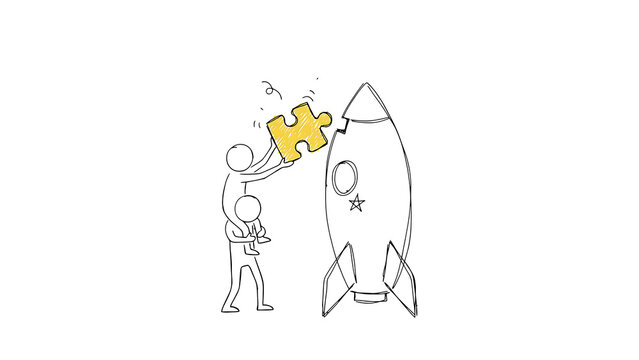 Flat illustration of two people working together to solve a puzzle problem on a rocket, symbolizing team work, innovative solutions, startup business launch and collaborative success.
