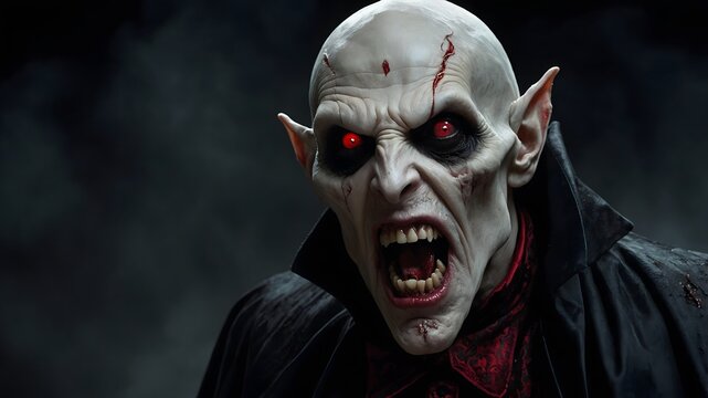 Criatura vamp&iacute;rica aterradora con ojos rojos, colmillos y expresi&oacute;n agresiva sobre fondo oscuro