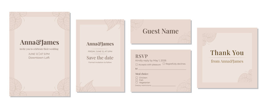 Elegant blush wedding invitation suite with soft floral leaf patterns. Includes invitation, Save the Date, RSVP card, thank-you note, guest name card. Perfect for bohemian, minimalist, garden weddings