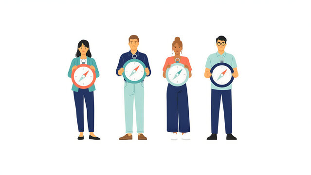 Group of people holding compass icons, diverse team of travelers with navigation instruments, modern flat vector illustration