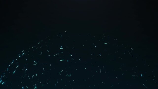 Low poly constellation horizon with cyan network lines and particles on dark background, clean 4K 60fps seamless loop.