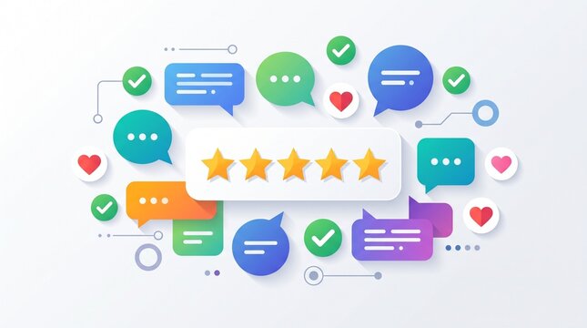 Customer feedback rating concept with five stars, speech bubbles and positive icons, representing satisfaction, reviews, service quality and client experience.
