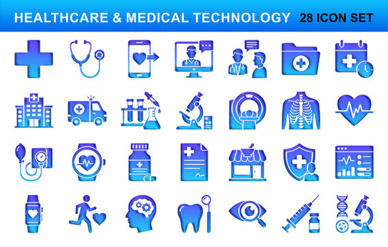 Healthcare and medical technology icon set, 28 blue gradient digital health icons, clinical science and medicine symbols