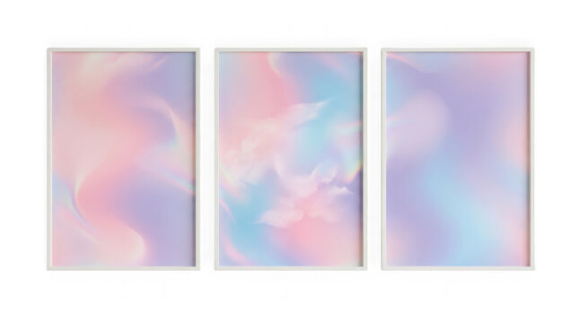Three vertical white frames with abstract pastel holographic art on a white background.