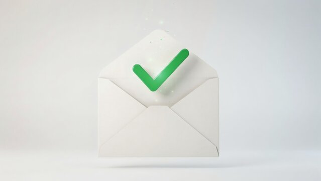A green check mark icon floating above an open white envelope on white background with three dimensional green paper envelope against mark symbol hovers