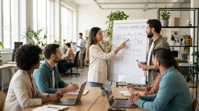 Growth Planning: Startup team setting ambitious business goals around a collaborative workspace 