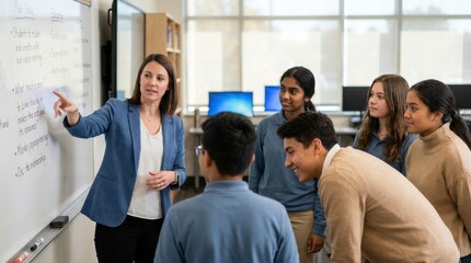 Obraz premium Student Development: Teacher sharing knowledge with students in a modern classroom 
